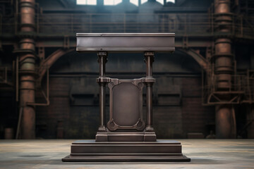 podium in the middle of a steampunk factory