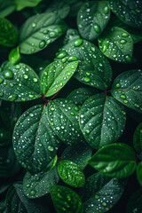 Fototapeta premium Lush Green Leaves with Dew Drops Close-Up Nature Background