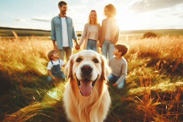 Portrait of an adorable dog and happy family in soft focus in a field. Leisure and enjoyment are evident in this beautiful outdoor scene, capturing the bond between people and pet - Powered by Adobe