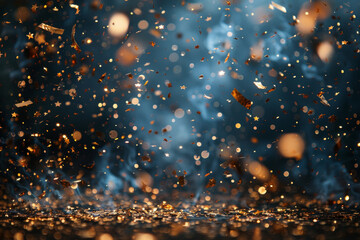Golden Confetti Explosion on Festive Blue Background for Celebration - obrazy, fototapety, plakaty