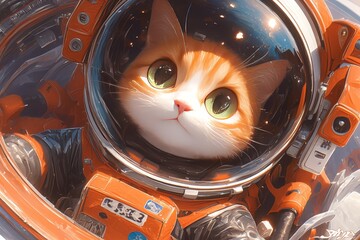 A cute orange cat wearing an astronaut suit, exploring the cosmos in space with big eyes and green pupils - obrazy, fototapety, plakaty