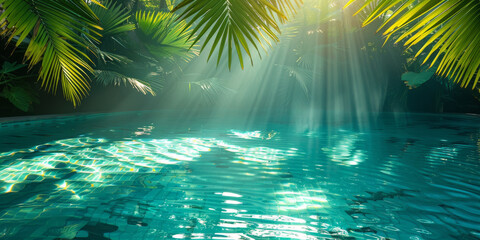 Tropical Poolside Paradise with Sunlight Filtering Through Palm Leaves