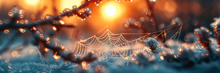 Glistening Sunrise Through a Dewy Spiderweb in Autumn - obrazy, fototapety, plakaty