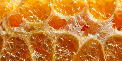 Close-Up View of Golden Honeycomb Texture with Bubbles