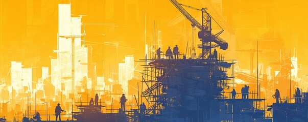 A digital illustration of a construction site with cranes and workers, building under a steel frame structure. 