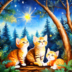 Obraz premium 별빛이 내리는 숲속에서 밤하늘을 바라보는 아기 고양이들