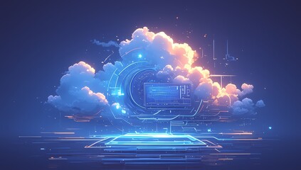 A digital illustration of cloud computing technology with glowing clouds and data blocks, representing the concept of virtual ai technology in business.  - obrazy, fototapety, plakaty