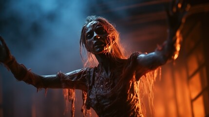 Horror scene of a bloody woman with blood on her face.