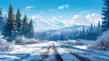 winter landscape with the road the forest and the blue sky AI generated - obrazy, fototapety, plakaty