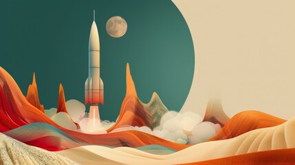 A serene scene of a clear rocket powered by nuclear energy, set against a minimalist backdrop of Sagebrush Green, Marsala, and Granite Gray, in a spacious void.