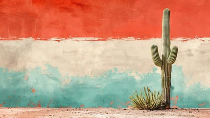 A resilient cactus stands alone in a desert landscape of terracotta red, light beige, and muted teal, embodying untouchable spirit. Rich negative space adds to the minimalist beauty.