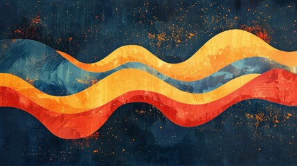 Abstract artwork featuring deep blue, orange-red, and yellow-orange hues in a minimal design inspired by personal triumph. Negative space creates a sense of wonder, power, and peace.