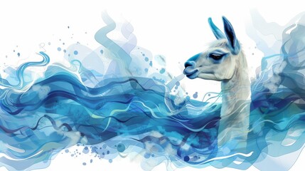 A dreamy llama roams through a teal blue, light blue, and light gray abstract aluminum pattern - obrazy, fototapety, plakaty