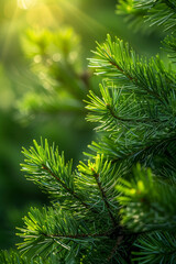 Fototapeta na wymiar Sunlit Pine Needles in Lush Green Forest