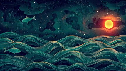 Abstract image of fish swimming in a dark galaxy, surrounded by waves and sun. Teal and light green pattern creates a minimal, space-like design.