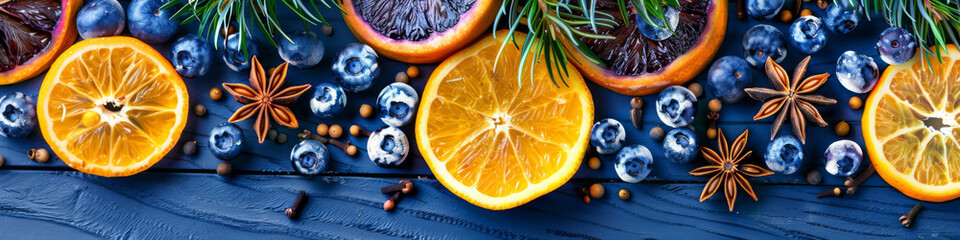 Citrus and Berries Festive Arrangement on Dark Wooden Background