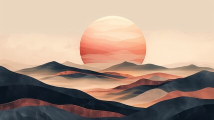 A surreal gamer-inspired landscape where the sun and moon merge, depicted in dark reddish-brown, taupe, and light peachy brown tones. Emphasizes minimalism and negative space.