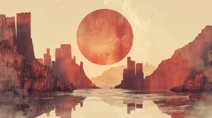 Poster A striking minimalist landscape where the sun and moon merge, inspired by a gamer's world. Abstract in dark reddish-brown, taupe, and light peachy brown. Negative space emphasized. © Thor.PJ