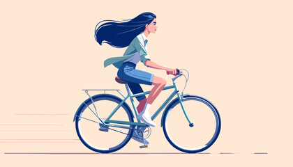 Active Adult Woman Cycling, Flat Vector