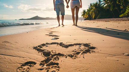 a heart shape in the sand made out of footprints with a couple walking 