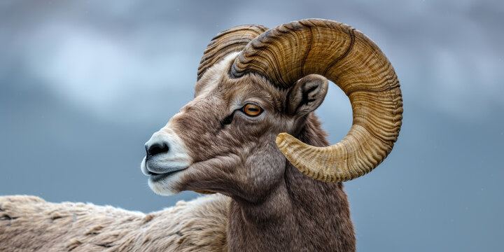 Majestic Bighorn Sheep with Impressive Curled Horns Against Grey Sky