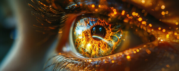 Stunning Close-up View of a Human Eye with Fiery Colors Reflection