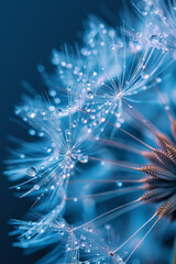 Ethereal Macro Dandelion with Water Droplets on Blue Background