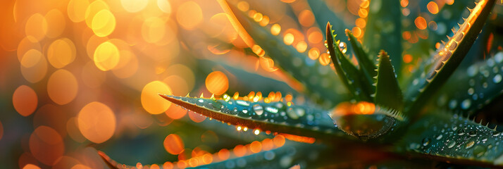 Sparkling Water Drops on Aloe Vera Plant with Warm Bokeh Lights Background