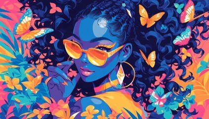 A fashion photoshoot of a woman with curly hair wearing orange sunglasses. She is surrounded by colorful butterflies
