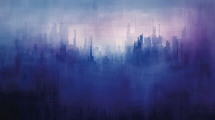 A serene predawn cityscape captured in deep periwinkle and lilac hues, highlighting minimalism and negative space as the city slowly awakens.