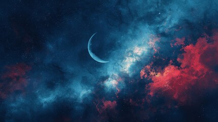 A serene night sky scene with a spaceship gliding past a crescent moon, watched over by a god. Dark blue and red abstract patterns accentuate the vastness of space - obrazy, fototapety, plakaty