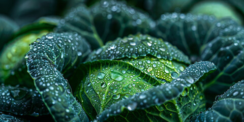 Fresh Dew Drops on Vibrant Green Cabbage Leaves