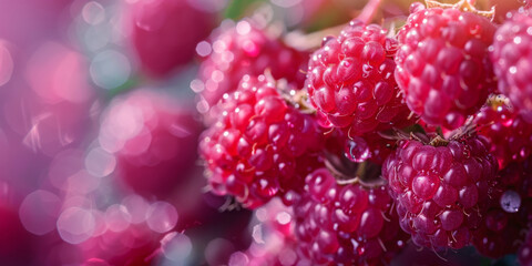 Fresh Dew-Kissed Raspberries Close-Up With Bokeh Background