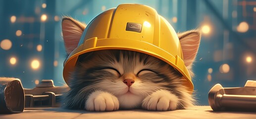 A cute kitten wearing an orange safety vest and yellow hard hat, working on a construction site with tools in the background