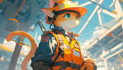 A cute kitten wearing an orange safety vest and yellow hard hat, with construction tools in the background,