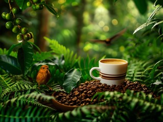 An enchanting scene of a small bird perched on a coffee mug surrounded by lush greenery and coffee...