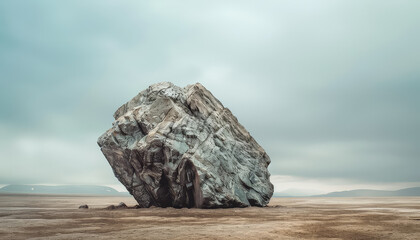 A large rock sits in the middle of a dry, barren field - Powered by Adobe