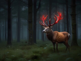  a majestic stag standing tall in a moonlit forest clearing. the stag itself is a deep brown color, with antlers that branch out gracefully
