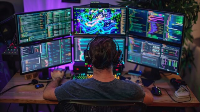 Man monitoring multiple computer screens with trading data. High-tech workstation setup with multi-display. Finance and stock trading concept for design and print. Rear view with copy space. - Powered by Adobe