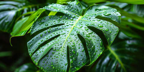 Fototapeta premium Dewy Monstera Leaf in Lush Greenery
