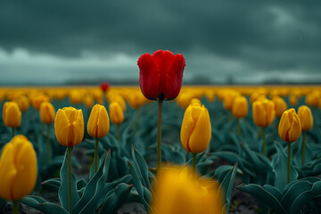 Vibrant Red Tulip Standing Out in Yellow Tulip Field Under Overcast Sky