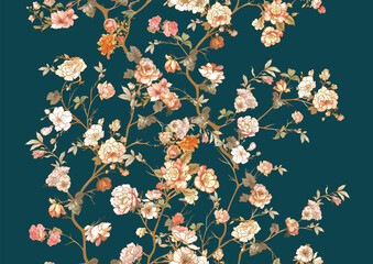 Blossom trees with flowers. Seamless pattern, background. Vector illustration. In Chinoiserie, japandi, botanical style