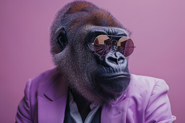 Stylish Gorilla in a Suit with Sunglasses on Pink Background