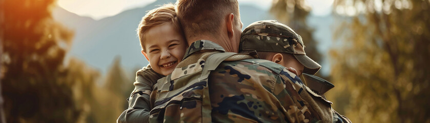 Reunion of army dad with his delighted kids - obrazy, fototapety, plakaty
