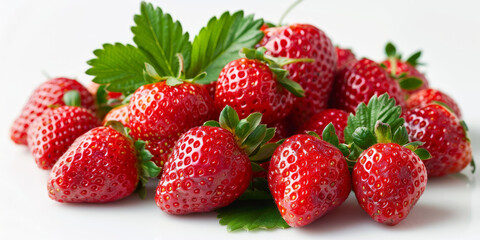 Fresh, Juicy Strawberries with Green Leaves on White Background