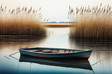 empty boat in the reeds in the morning - obrazy, fototapety, plakaty