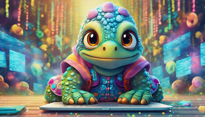 Fototapeta na wymiar OIL PAINTING STYLE Close up of baby turtle cartoon character hacker hands using laptop with creative binary coding