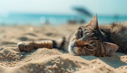 A cat is laying on the beach, enjoying the sun and sand