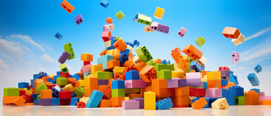 Colorful Blocks Tumbling Against a Sky Background