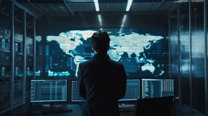 Network engineer overseeing global data traffic from a server room. Technology infrastructure management concept. Design for network engineering services banner, IT infrastructure poster.